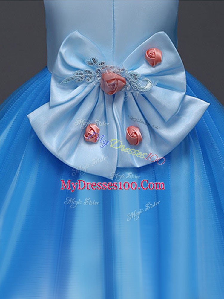 Attractive Tulle Scoop Sleeveless Zipper Hand Made Flower Toddler Flower Girl Dress in Blue
