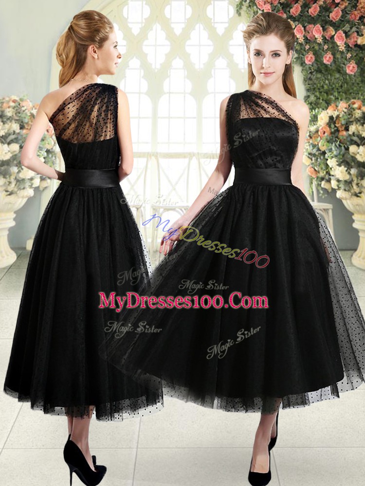 Deluxe Black Sleeveless Ruching Tea Length Prom Dresses