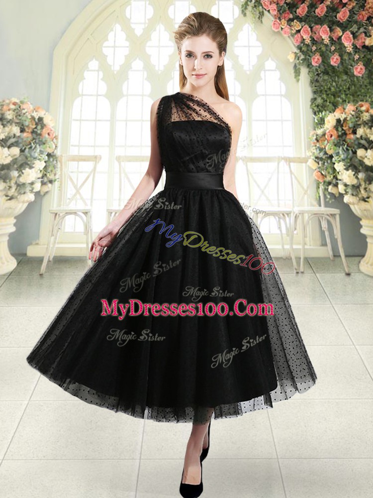 Deluxe Black Sleeveless Ruching Tea Length Prom Dresses