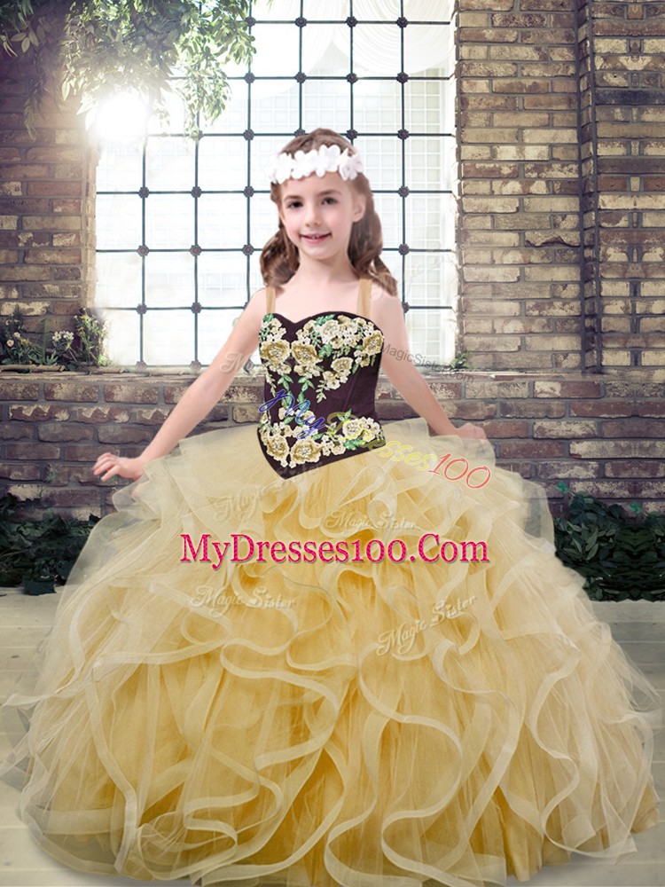 Beautiful Sleeveless Lace Up Floor Length Embroidery and Ruffles Pageant Gowns