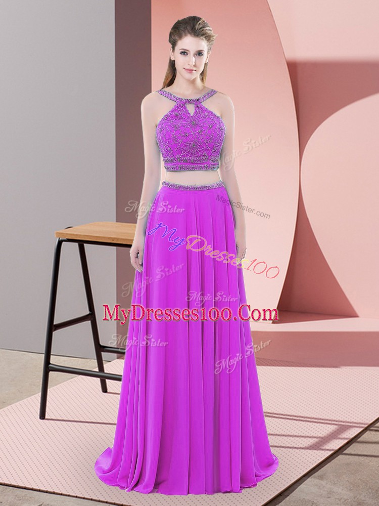 Beading Dress for Prom Purple Backless Sleeveless Sweep Train