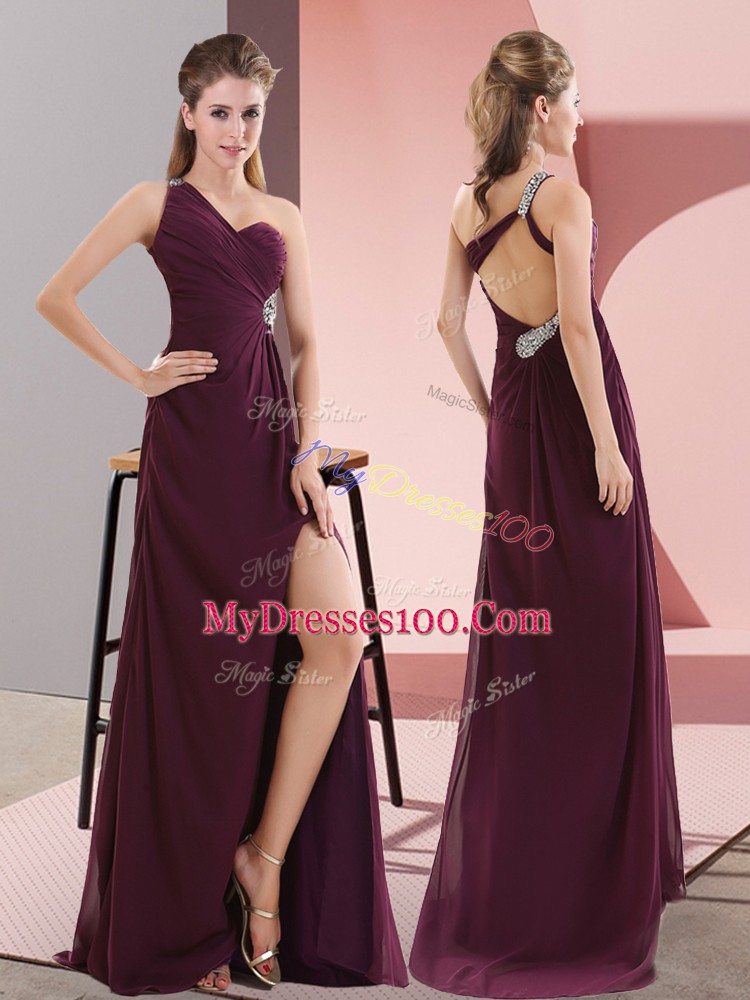 Dark Purple One Shoulder Neckline Beading and Lace Prom Evening Gown Sleeveless Backless