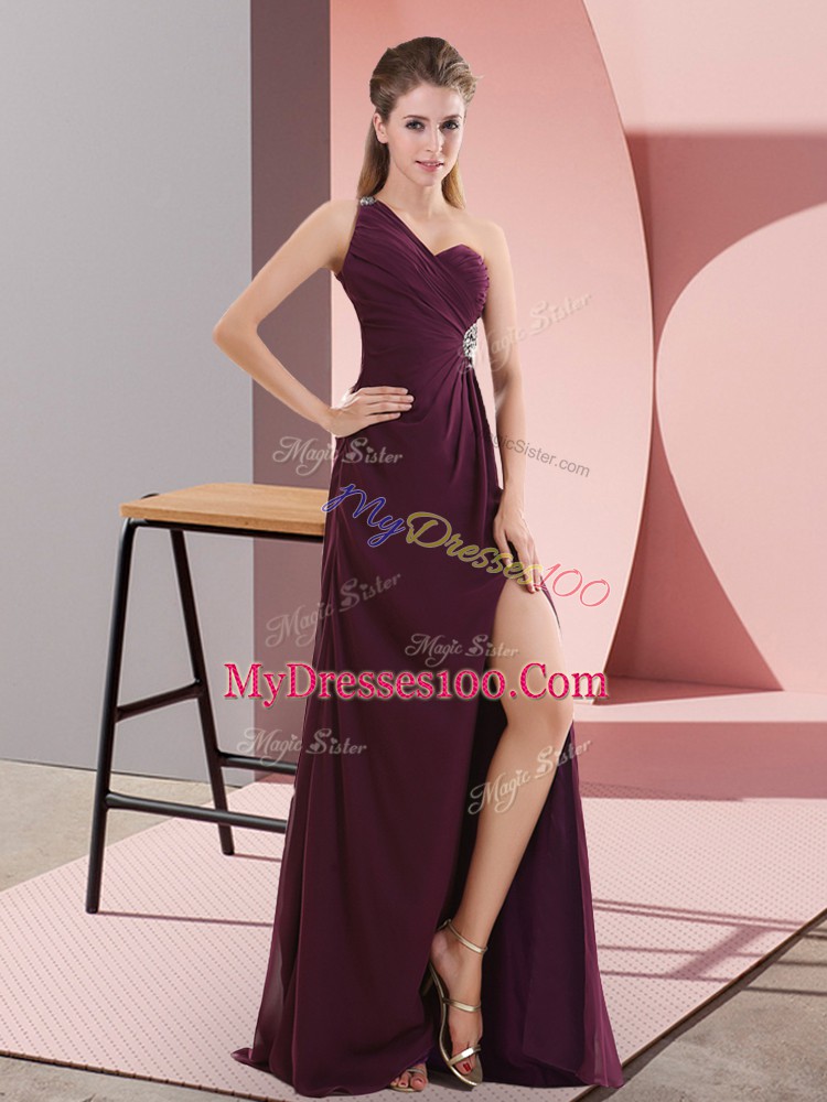 Dark Purple One Shoulder Neckline Beading and Lace Prom Evening Gown Sleeveless Backless
