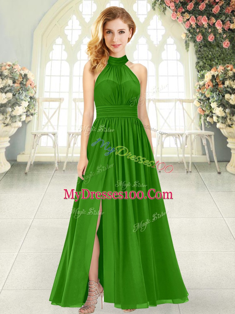 Ruching Evening Outfits Green Zipper Sleeveless Ankle Length