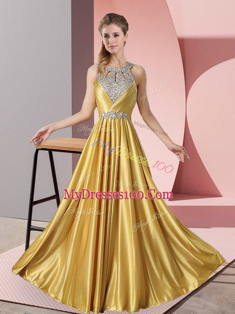 Most Popular Floor Length Gold Halter Top Sleeveless Lace Up