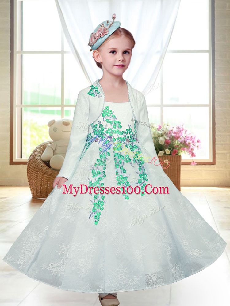 Sweet Sleeveless Ankle Length Embroidery Zipper Flower Girl Dresses with White