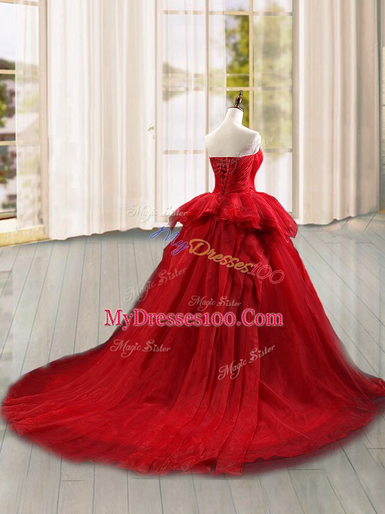 Fantastic Sleeveless Brush Train Lace Up Lace and Ruffles 15 Quinceanera Dress