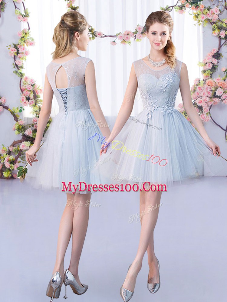 Elegant Sleeveless Tulle Mini Length Lace Up Dama Dress in Grey with Lace