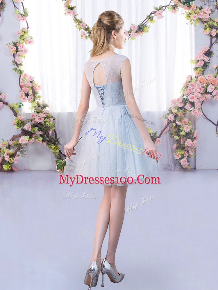Elegant Sleeveless Tulle Mini Length Lace Up Dama Dress in Grey with Lace