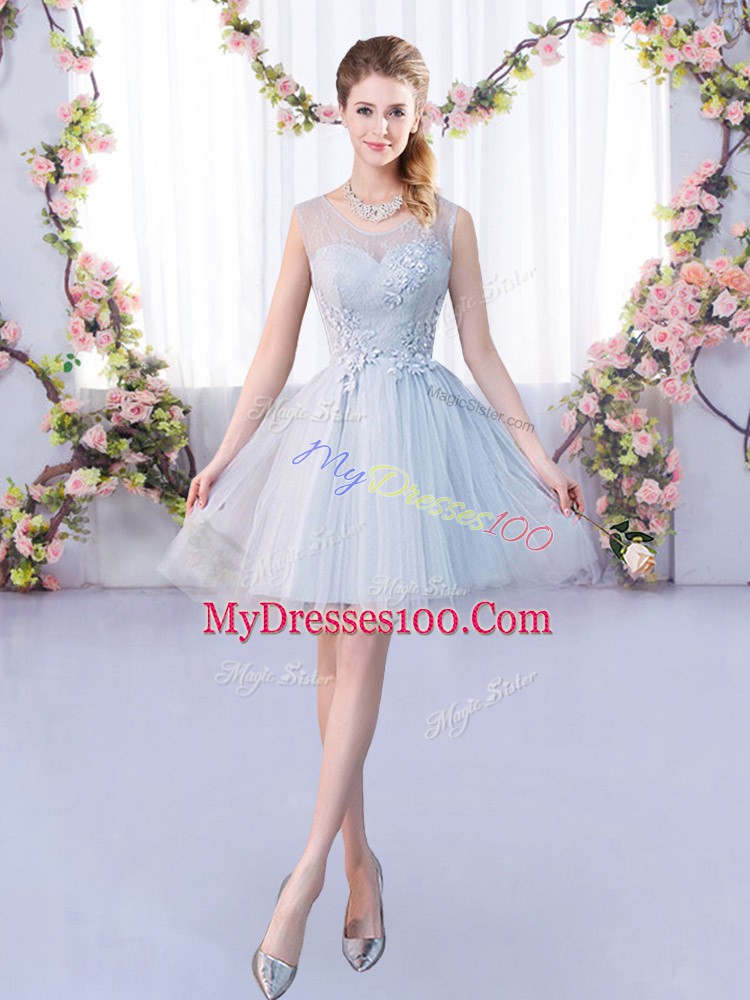 Elegant Sleeveless Tulle Mini Length Lace Up Dama Dress in Grey with Lace