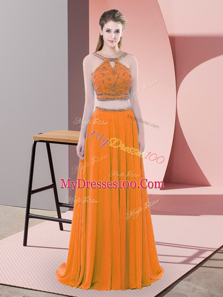 Smart Orange Backless Straps Beading Prom Gown Chiffon Sleeveless Sweep Train