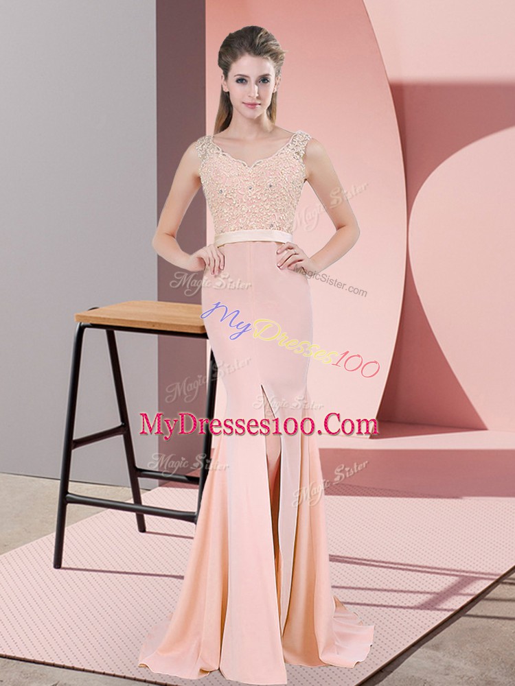 Peach Sleeveless Chiffon Sweep Train Zipper for Prom and Party and Military Ball