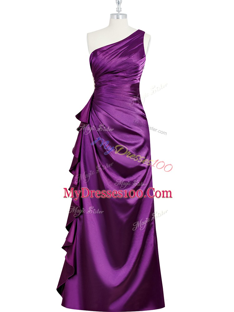 Eye-catching Purple Elastic Woven Satin Side Zipper One Shoulder Sleeveless Floor Length Prom Party Dress Beading and Ruching and Pleated