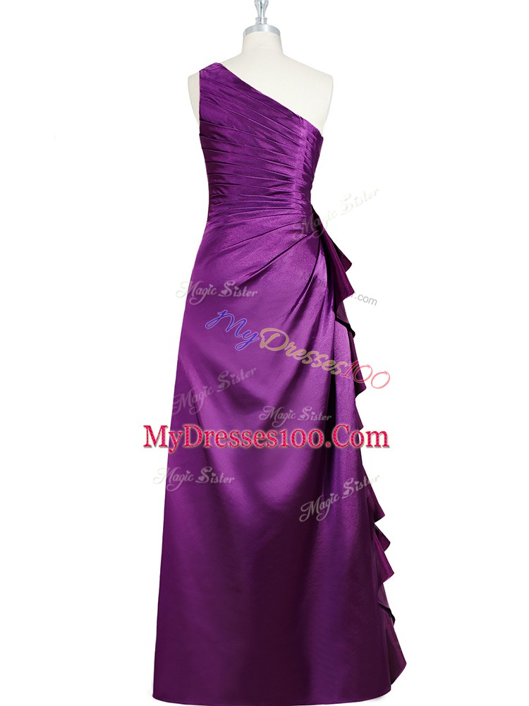 Eye-catching Purple Elastic Woven Satin Side Zipper One Shoulder Sleeveless Floor Length Prom Party Dress Beading and Ruching and Pleated