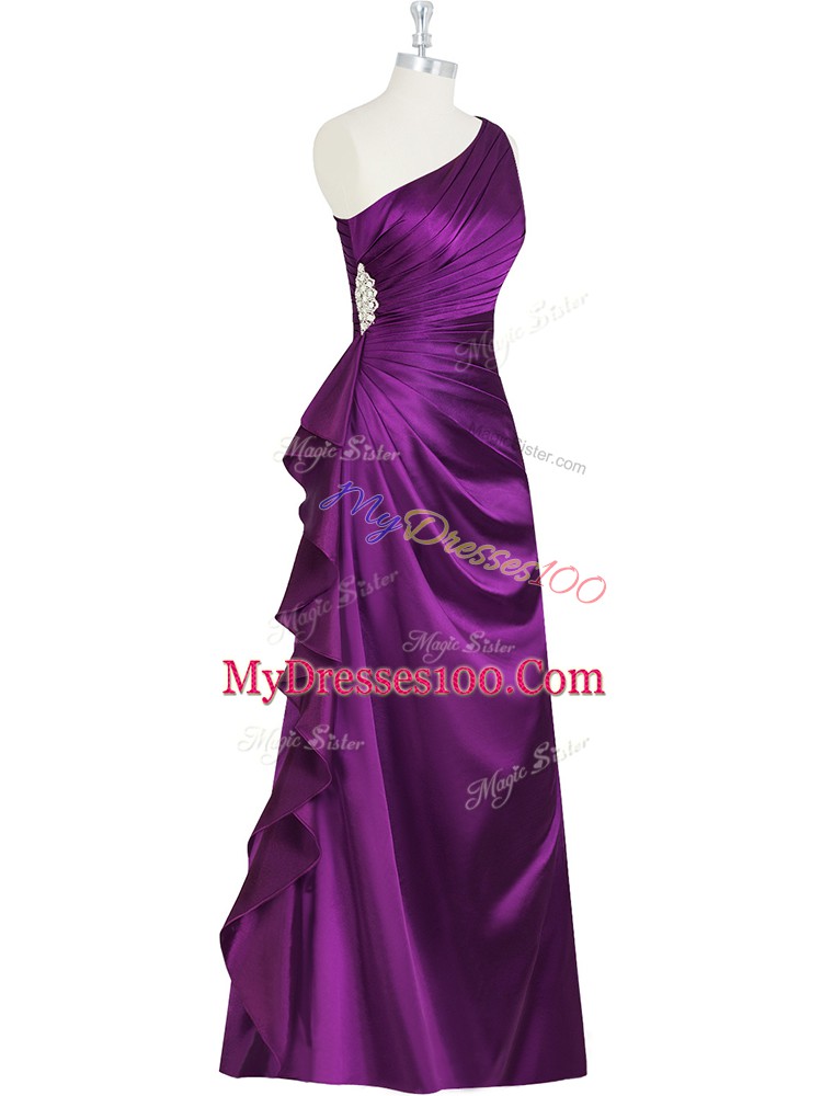 Eye-catching Purple Elastic Woven Satin Side Zipper One Shoulder Sleeveless Floor Length Prom Party Dress Beading and Ruching and Pleated