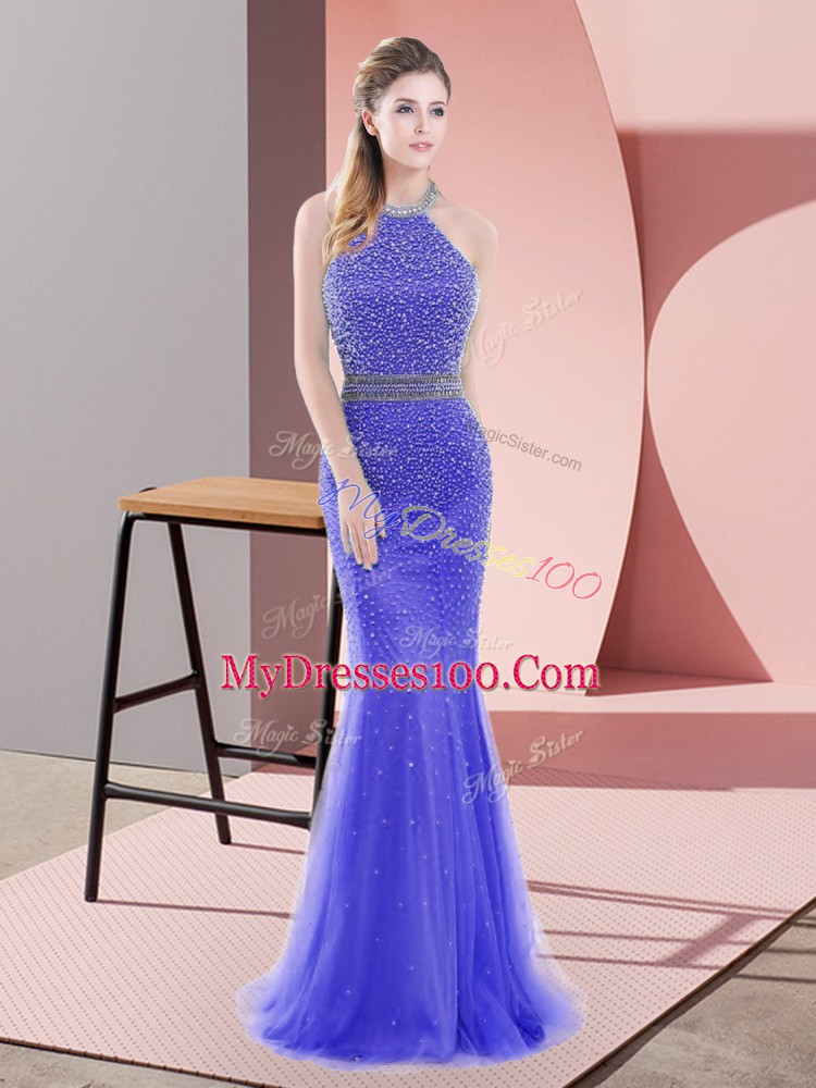 Inexpensive Sleeveless Sweep Train Beading Backless Prom Evening Gown