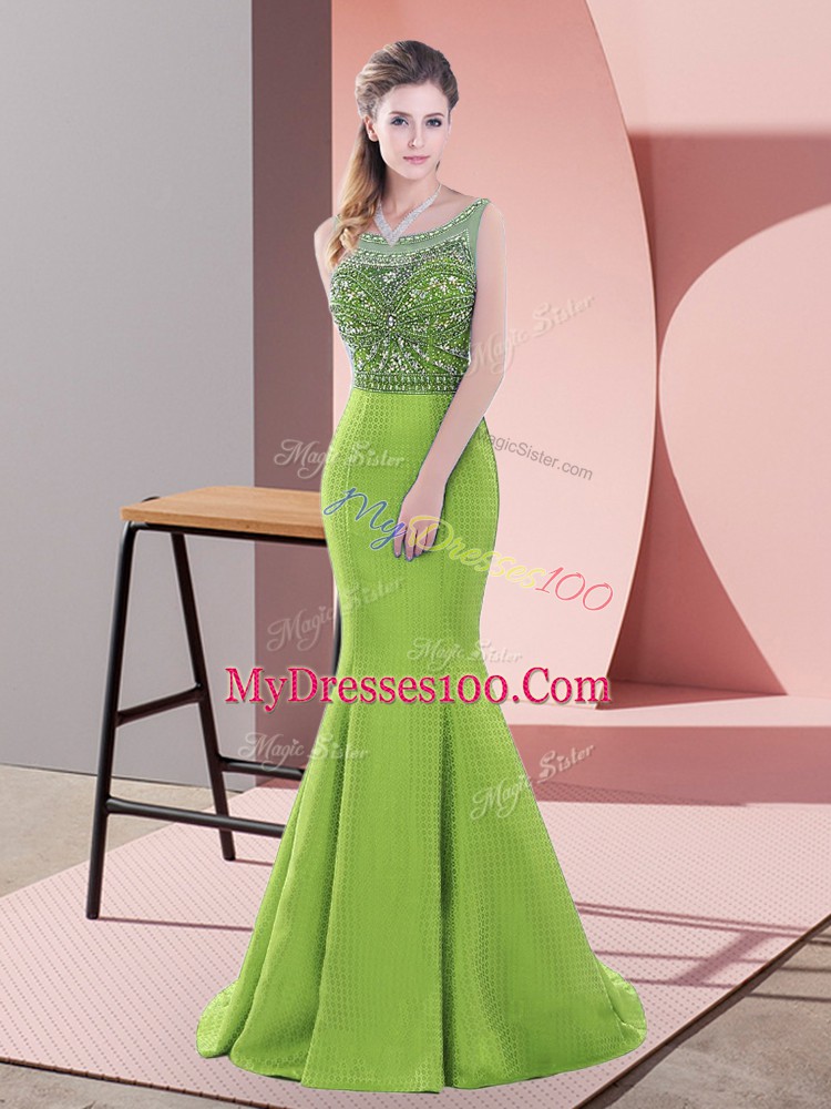 Green Prom Dresses Satin Sweep Train Sleeveless Beading and Lace