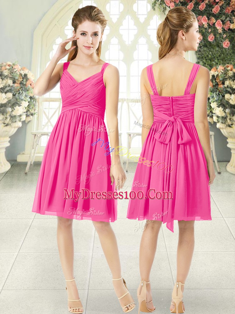 Popular Hot Pink Sleeveless Ruching Knee Length Dress for Prom