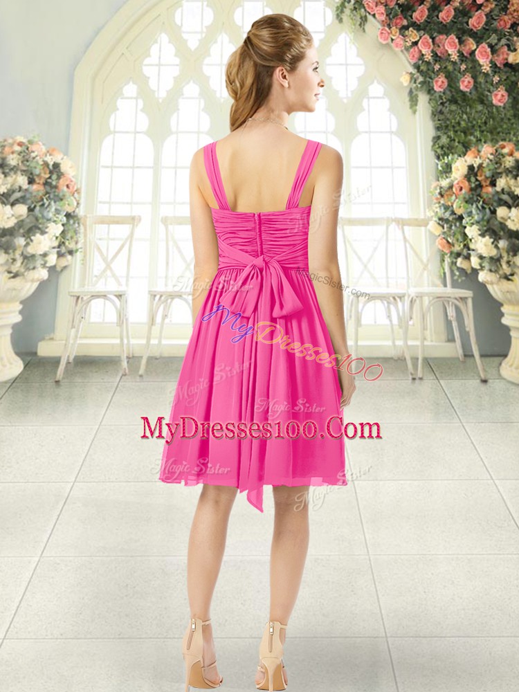Popular Hot Pink Sleeveless Ruching Knee Length Dress for Prom