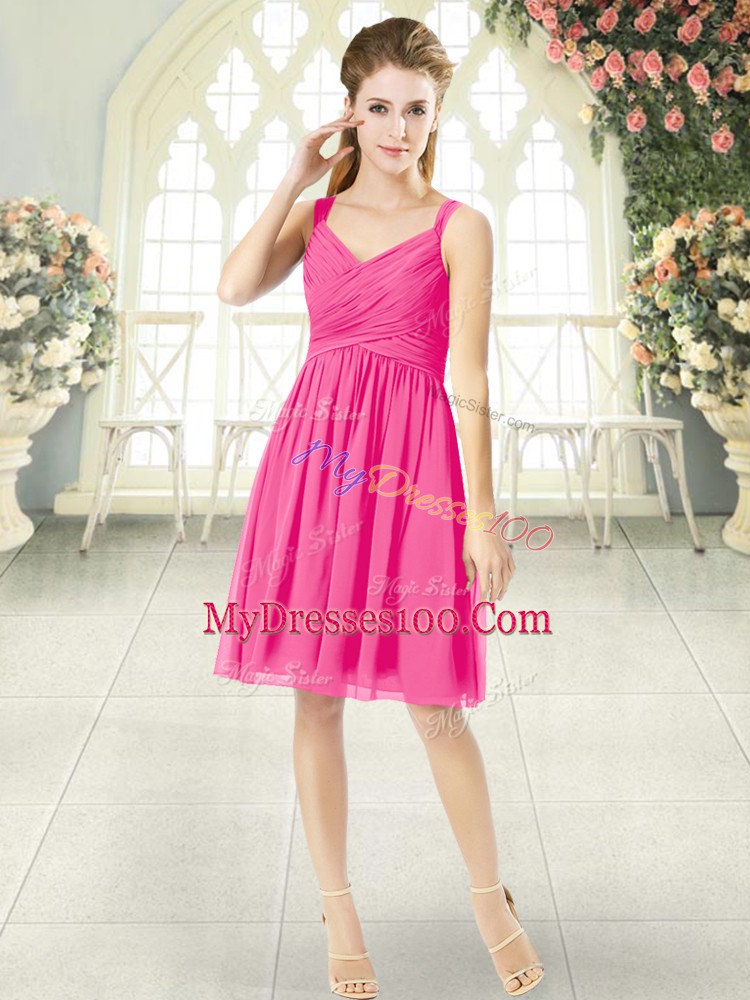 Popular Hot Pink Sleeveless Ruching Knee Length Dress for Prom