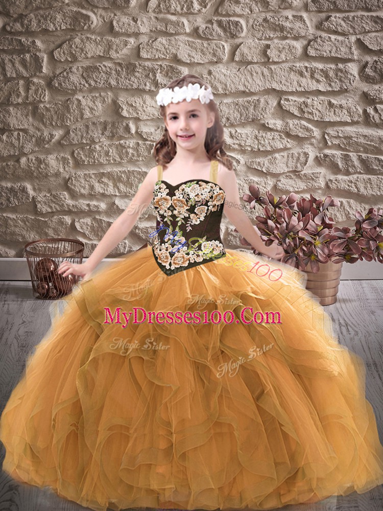 Unique Tulle Straps Sleeveless Lace Up Embroidery and Ruffles Pageant Dress for Teens in Gold