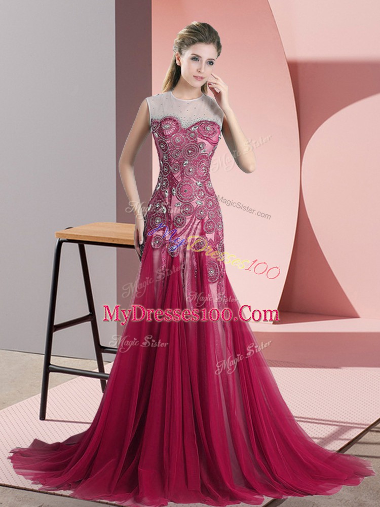 Noble Sweep Train A-line Prom Dress Red Scoop Tulle Sleeveless Backless