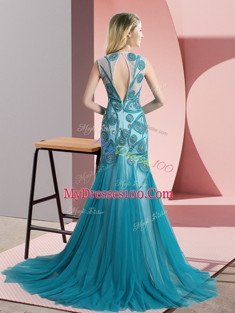 Noble Sweep Train A-line Prom Dress Red Scoop Tulle Sleeveless Backless