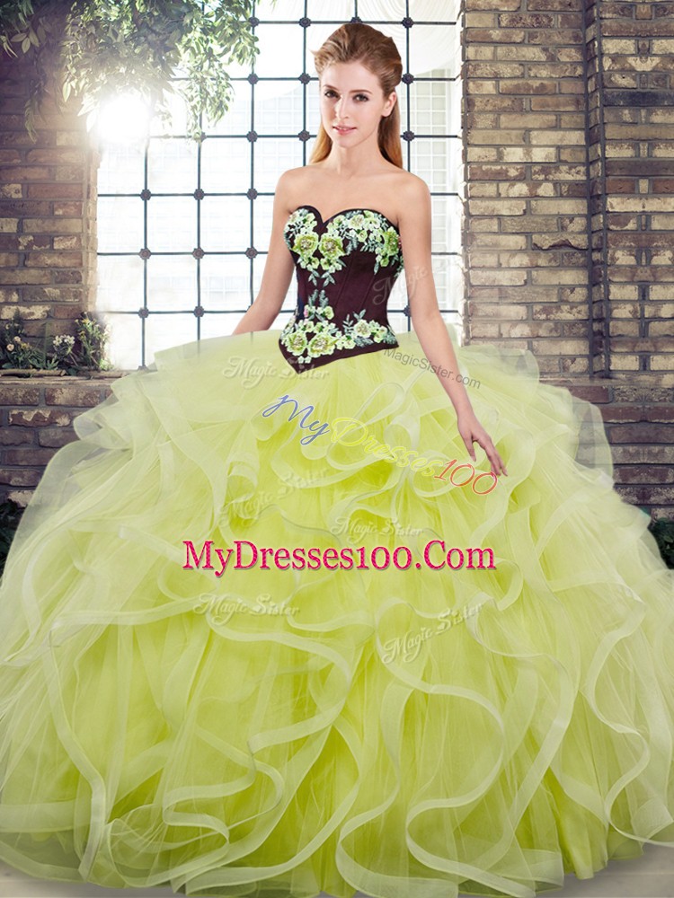 Tulle Sleeveless 15th Birthday Dress Sweep Train and Embroidery and Ruffles