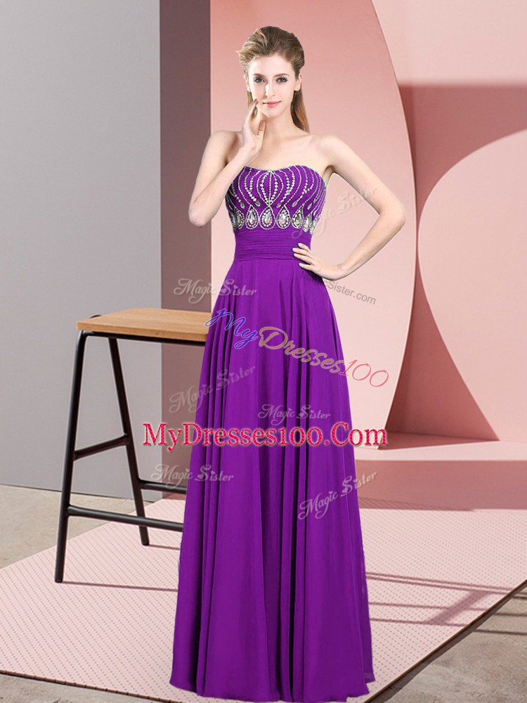 Purple Empire Strapless Sleeveless Chiffon Floor Length Zipper Beading Prom Party Dress