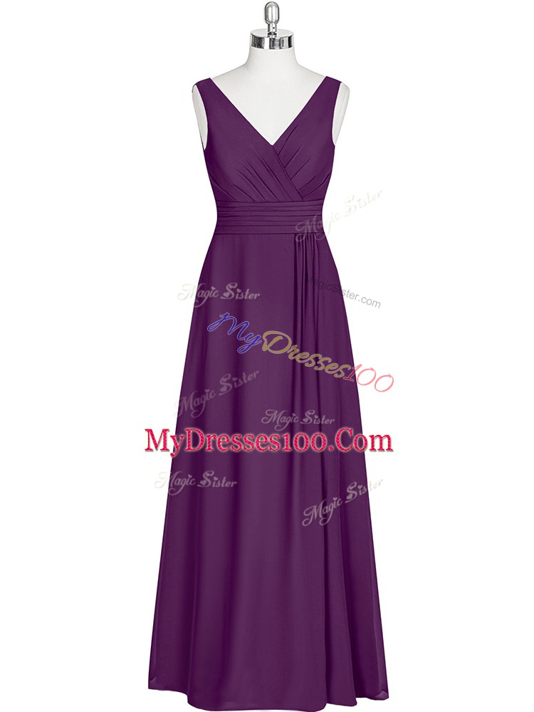 Shining Eggplant Purple Chiffon Zipper V-neck Sleeveless Floor Length Formal Dresses Ruching