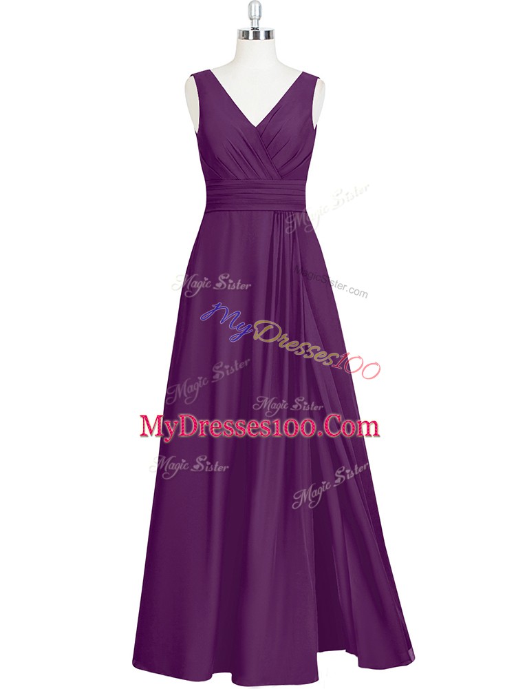 Shining Eggplant Purple Chiffon Zipper V-neck Sleeveless Floor Length Formal Dresses Ruching