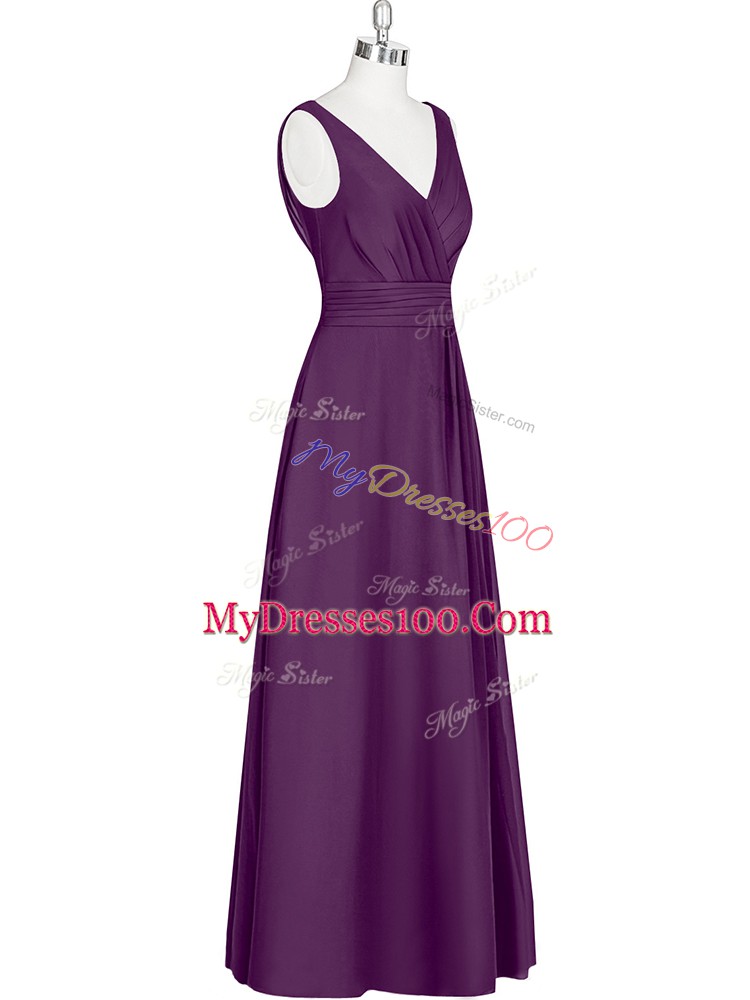 Shining Eggplant Purple Chiffon Zipper V-neck Sleeveless Floor Length Formal Dresses Ruching
