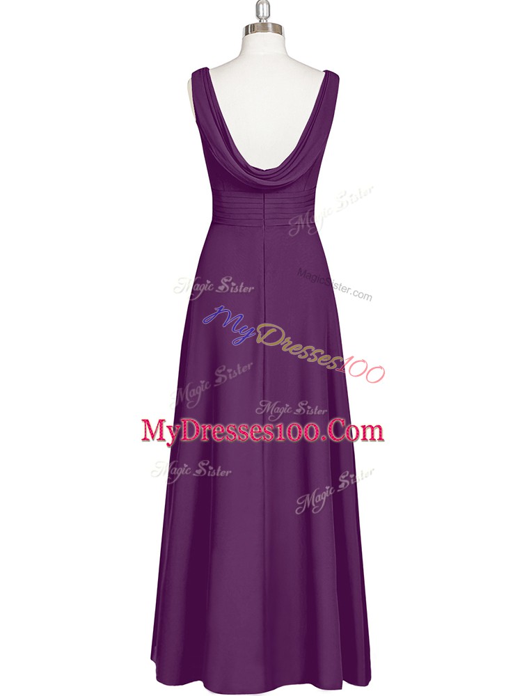 Shining Eggplant Purple Chiffon Zipper V-neck Sleeveless Floor Length Formal Dresses Ruching