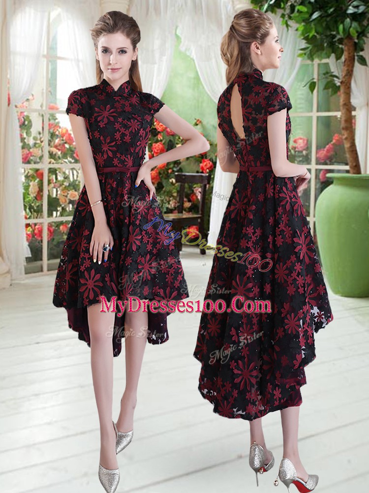 Short Sleeves Lace High Low Zipper Evening Gowns in Red And Black with Appliques