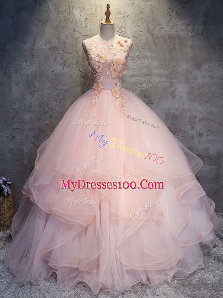 Scoop Sleeveless Quinceanera Dress Floor Length Appliques and Ruffles Pink Tulle