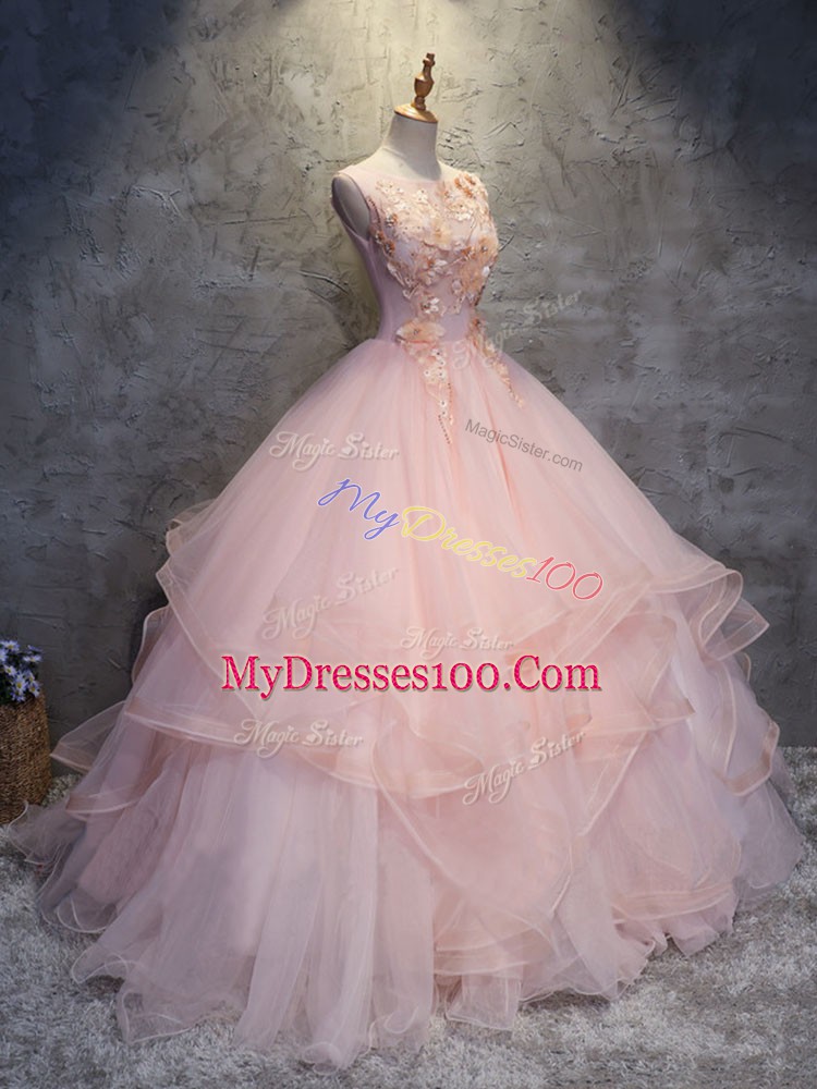 Scoop Sleeveless Quinceanera Dress Floor Length Appliques and Ruffles Pink Tulle