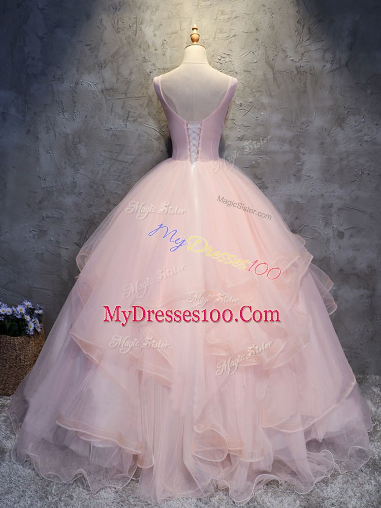Scoop Sleeveless Quinceanera Dress Floor Length Appliques and Ruffles Pink Tulle