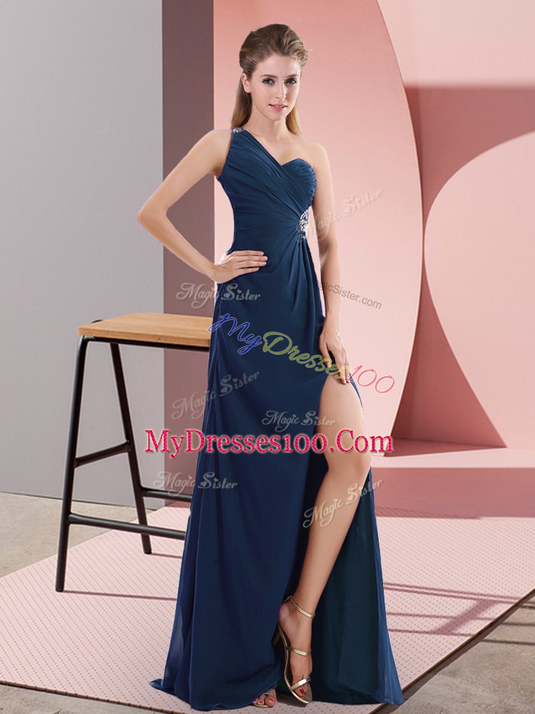 Fitting Navy Blue Sleeveless Sweep Train Beading and Ruching Prom Dress