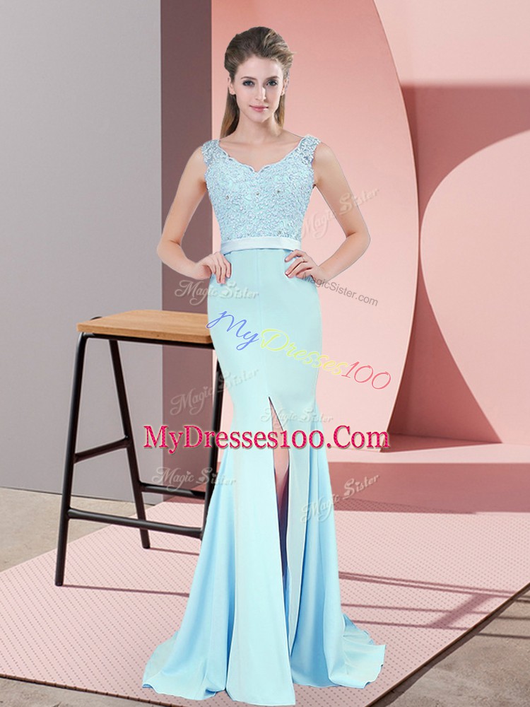Delicate Blue Chiffon Zipper V-neck Sleeveless Prom Party Dress Sweep Train Beading and Lace