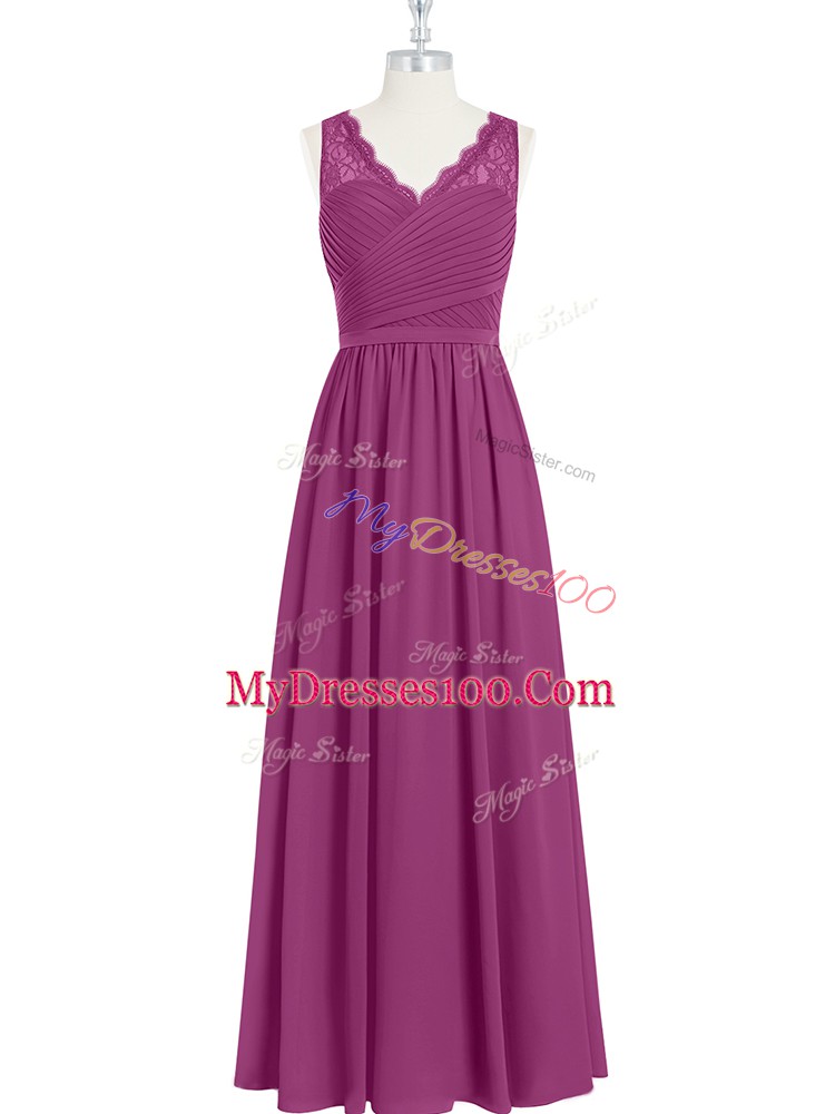 Enchanting Chiffon V-neck Sleeveless Backless Lace and Ruching Prom Gown in Fuchsia