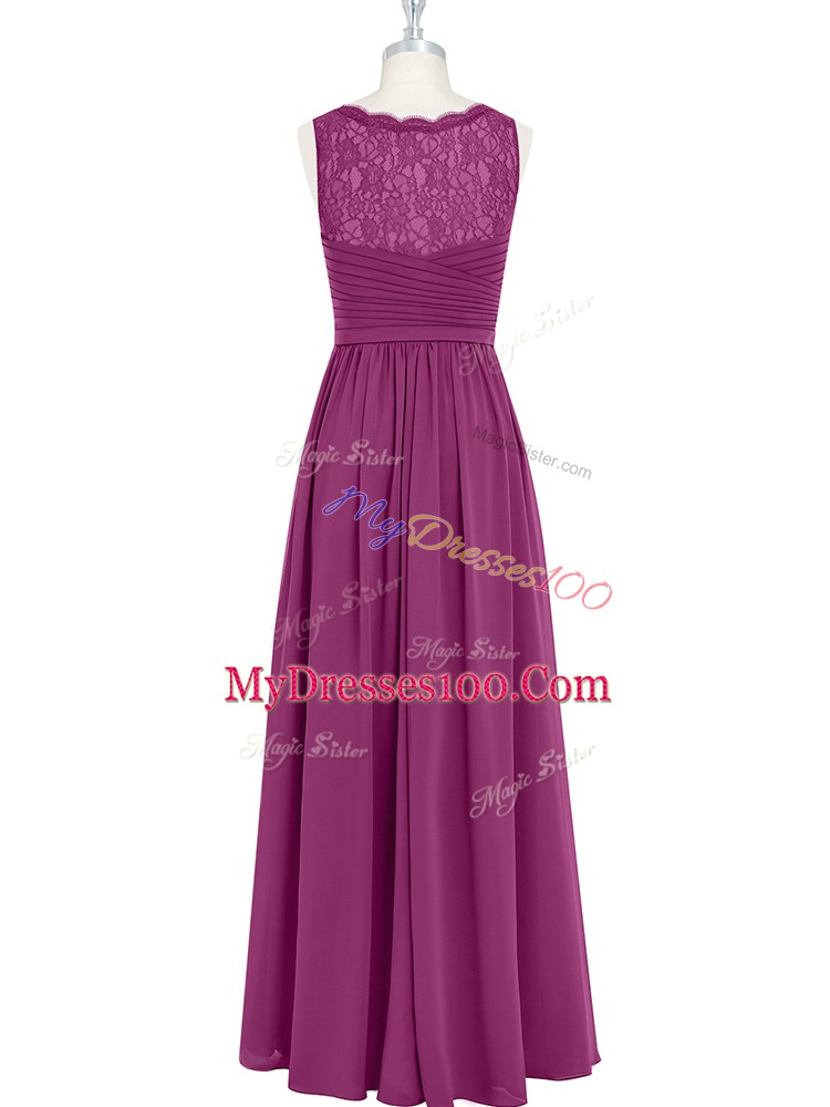 Enchanting Chiffon V-neck Sleeveless Backless Lace and Ruching Prom Gown in Fuchsia