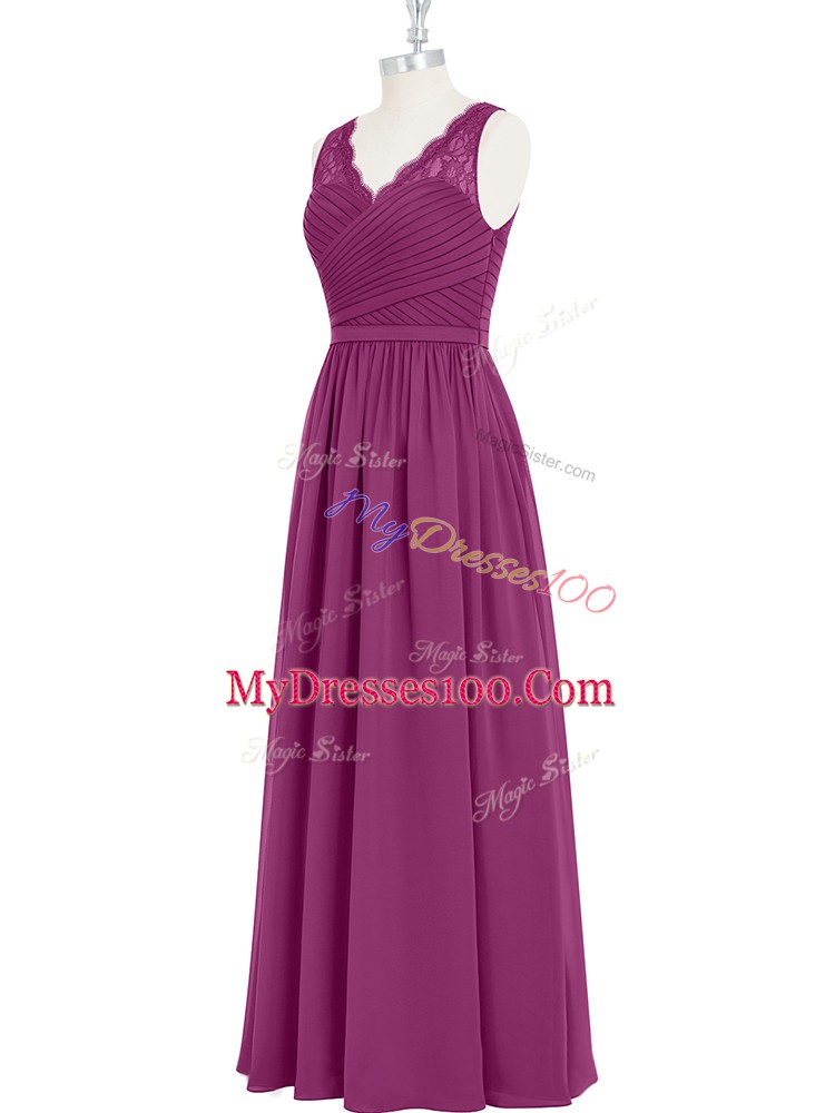 Enchanting Chiffon V-neck Sleeveless Backless Lace and Ruching Prom Gown in Fuchsia