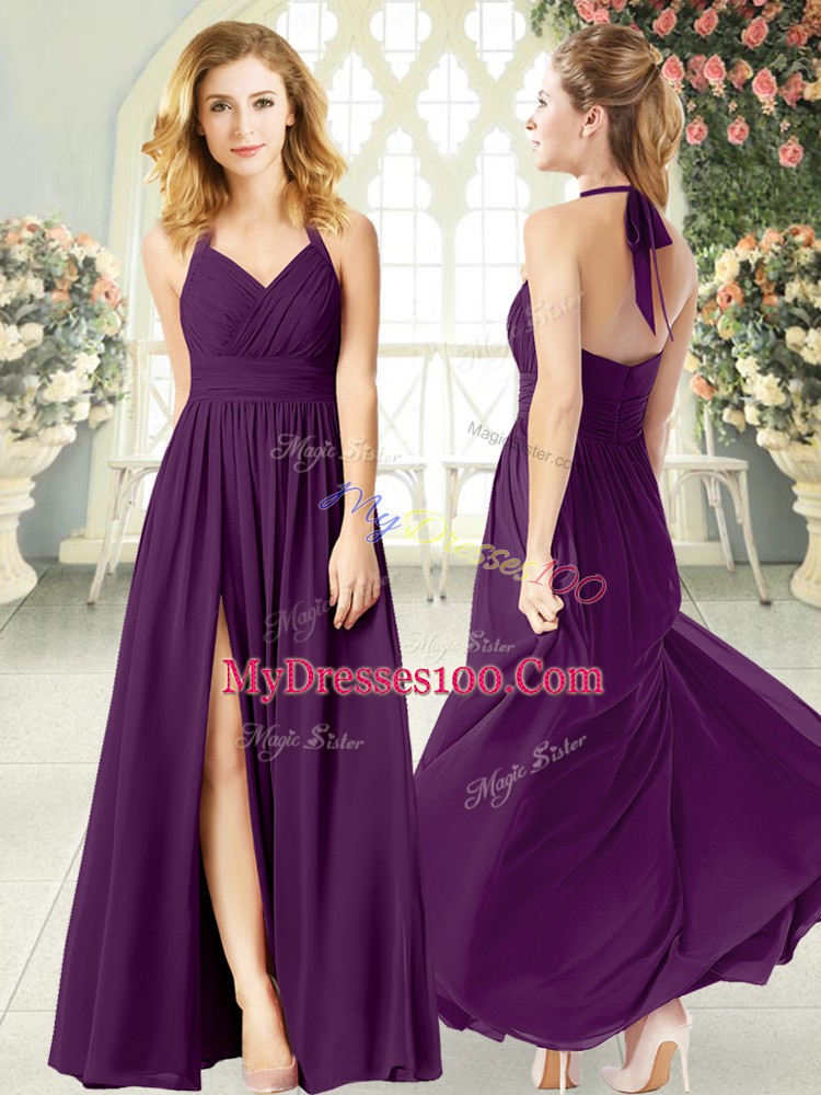 Purple Sleeveless Ruching Floor Length Evening Dress