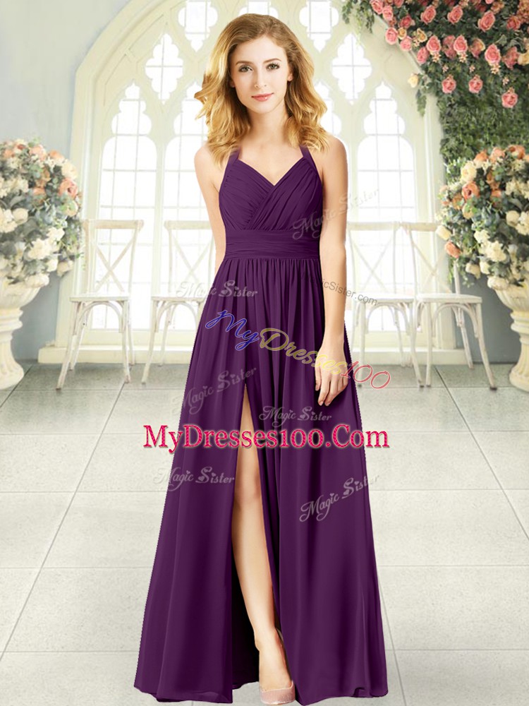 Purple Sleeveless Ruching Floor Length Evening Dress