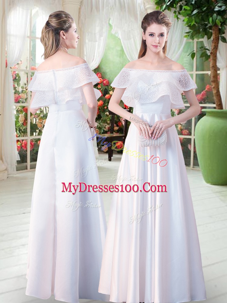 Floor Length White Prom Gown Off The Shoulder Short Sleeves Zipper