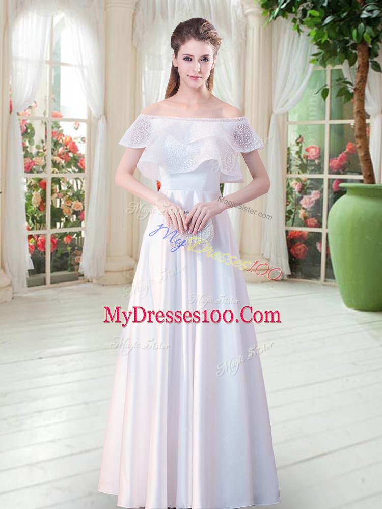 Floor Length White Prom Gown Off The Shoulder Short Sleeves Zipper