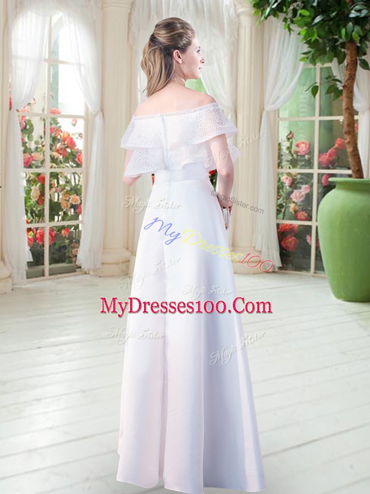 Floor Length White Prom Gown Off The Shoulder Short Sleeves Zipper