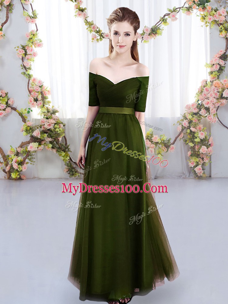 Popular Olive Green Empire Off The Shoulder Short Sleeves Tulle Floor Length Lace Up Ruching Bridesmaid Dresses
