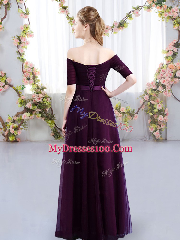 Popular Olive Green Empire Off The Shoulder Short Sleeves Tulle Floor Length Lace Up Ruching Bridesmaid Dresses