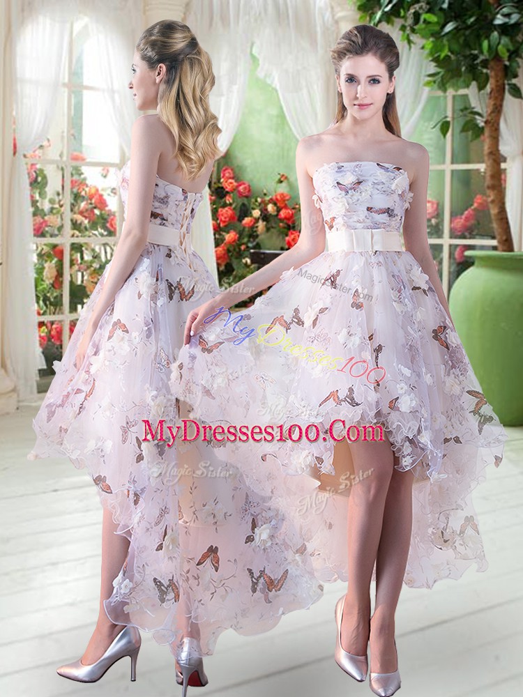 High Low White Prom Gown Organza Sleeveless Appliques